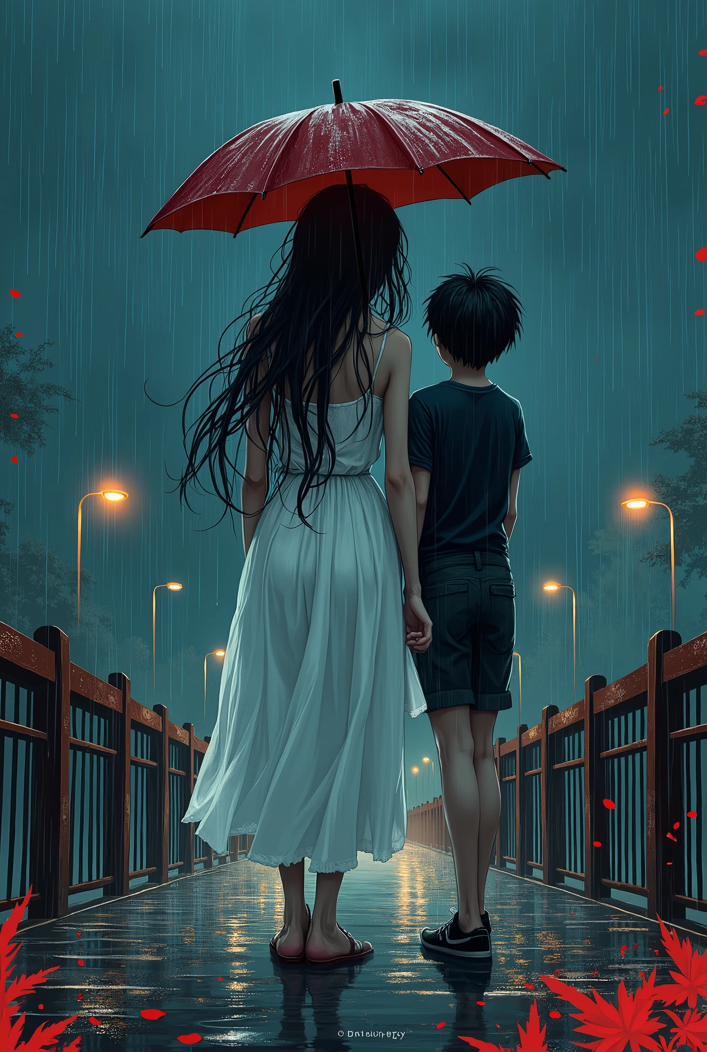 Beutiful sad girl is Standing on the Bridge ledge. On her back side ther is a boy. Add red and white colour. Raining. Boy has a umbrella in his hand. Girl is wearing white dress which is wet because of rain. Both boy and girl are around 19 year old. Night time. For novel cover.