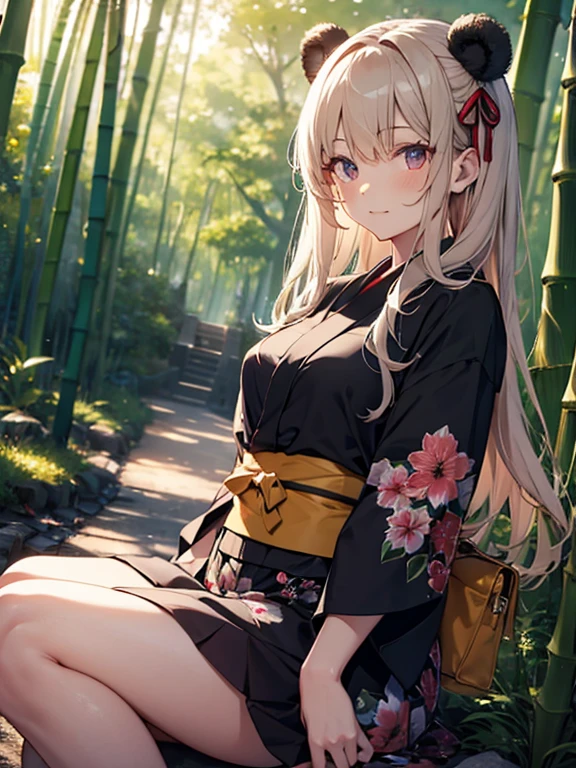 The background is a bamboo forest, Panda, Tiger, yukata, evening, cute, Beauty, Tohsaka Rin, (masterpiece), highest quality, 1girl, uhd, retina, masterpiece, ccurate, anatomically correct, textured skin, super detail, high details, high quality, best quality, highres, 4K