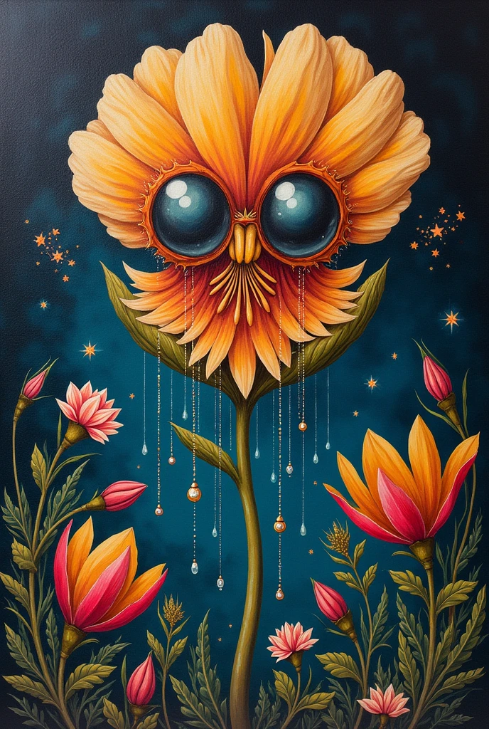 A painting,A flower with big eyes in the painting,Surrounded by plants, Falling pearl tears,Psychedelic surrealist art, The holy grail of the eyes of the brain, Shaman horror LSD art, Psychedelic illustration, Pop surrealism, Surreal psychedelic design, Exotic plants and fauna, Exotic plants, Psychedelic Art, Highly detailed hyperrealistic art, strange plants, hallucinatory art, DMT art, Psychedelic Artwork