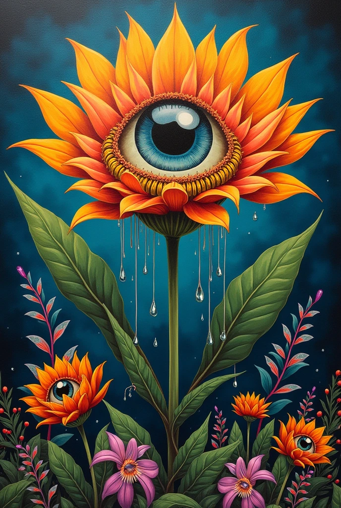 A painting，A flower with big eyes in the painting，Surrounded by plants, Falling pearl tears，Psychedelic surrealist art, The holy grail of the eyes of the brain, Shaman horror LSD art, Psychedelic illustration, Pop surrealism, Surreal psychedelic design, Exotic plants and fauna, Exotic plants, Psychedelic Art, Highly detailed hyperrealistic art, strange plants, hallucinatory art, DMT art, Psychedelic Artwork