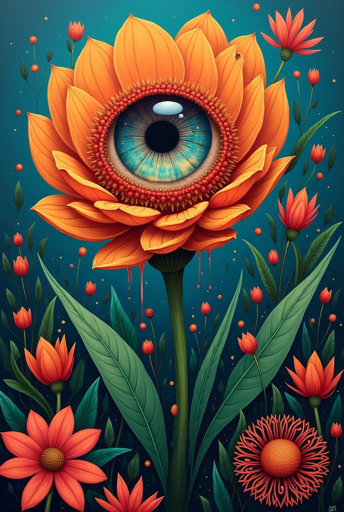 A painting，A flower with big eyes in the painting，Surrounded by plants, Falling pearl tears，Psychedelic surrealist art, The holy grail of the eyes of the brain, Shaman horror LSD art, Psychedelic illustration, Pop surrealism, Surreal psychedelic design, Exotic plants and fauna, Exotic plants, Psychedelic Art, Highly detailed hyperrealistic art, strange plants, hallucinatory art, DMT art, Psychedelic Artwork