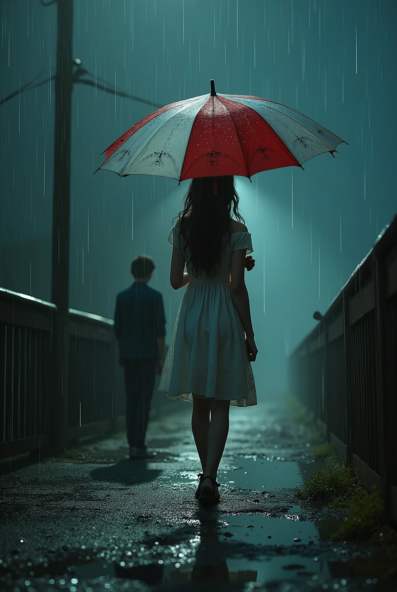 Beutiful sad girl is Standing on the Bridge ledge. On her back side ther is a boy. Add red and white colour. Raining. Boy has a umbrella in his hand. Girl is wearing white dress which is wet because of rain. Both boy and girl are around 19 year old. Night time. For novel cover.