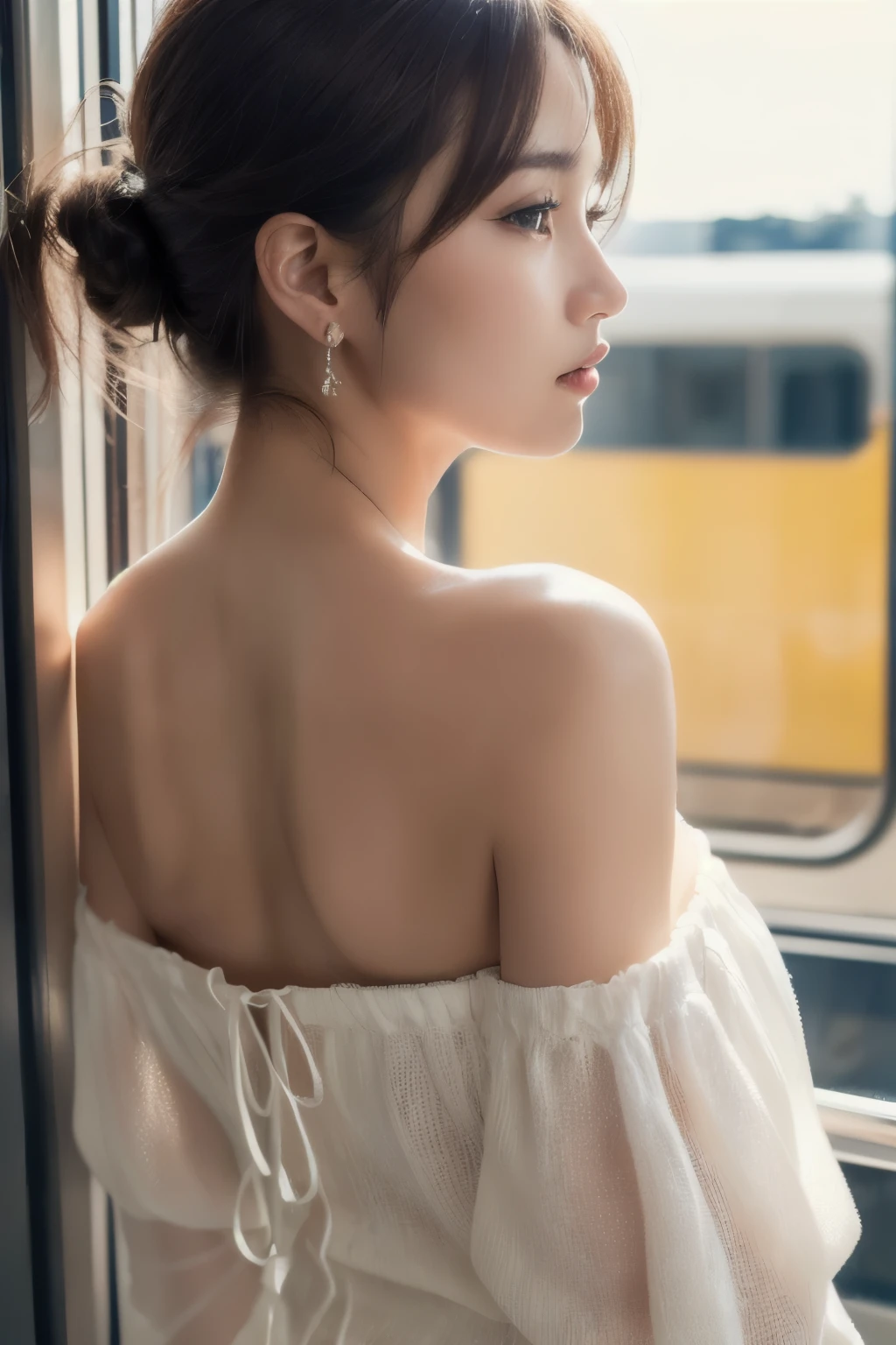 ((Realistic, 8k, Top Quality, Masterpiece: 1.3)), Best Quality, Illustration, Ultra-detailed, finely detail, high resolution, 8K Wallpaper, Perfect dynamic composition, Beautiful detailed eyes, (off-the-shoulder blouse:1.3),((Big breasts)), Natural Color Lip, Random and sexy poses, (in train), 20 years girl, sweaty skin:1.4, (beautiful detailed face and eyes:1.4),beautiful short medium hair, Highly detailed face and skin texture, Highly detailed lip texture, Beautiful detailed eyes, Raw Photo, ((Very Delicate and Cute Japanese Girl:1.4)), (1 girl)), Perfect Style, necklace, earrings, handbag, realistic shadows, (from behind:1.8), ((look away:2)),((close up neck:1.6)),(very sexy back and neck:1.4),((focus on Both shoulders:1.8)), (from nearby:1.5)