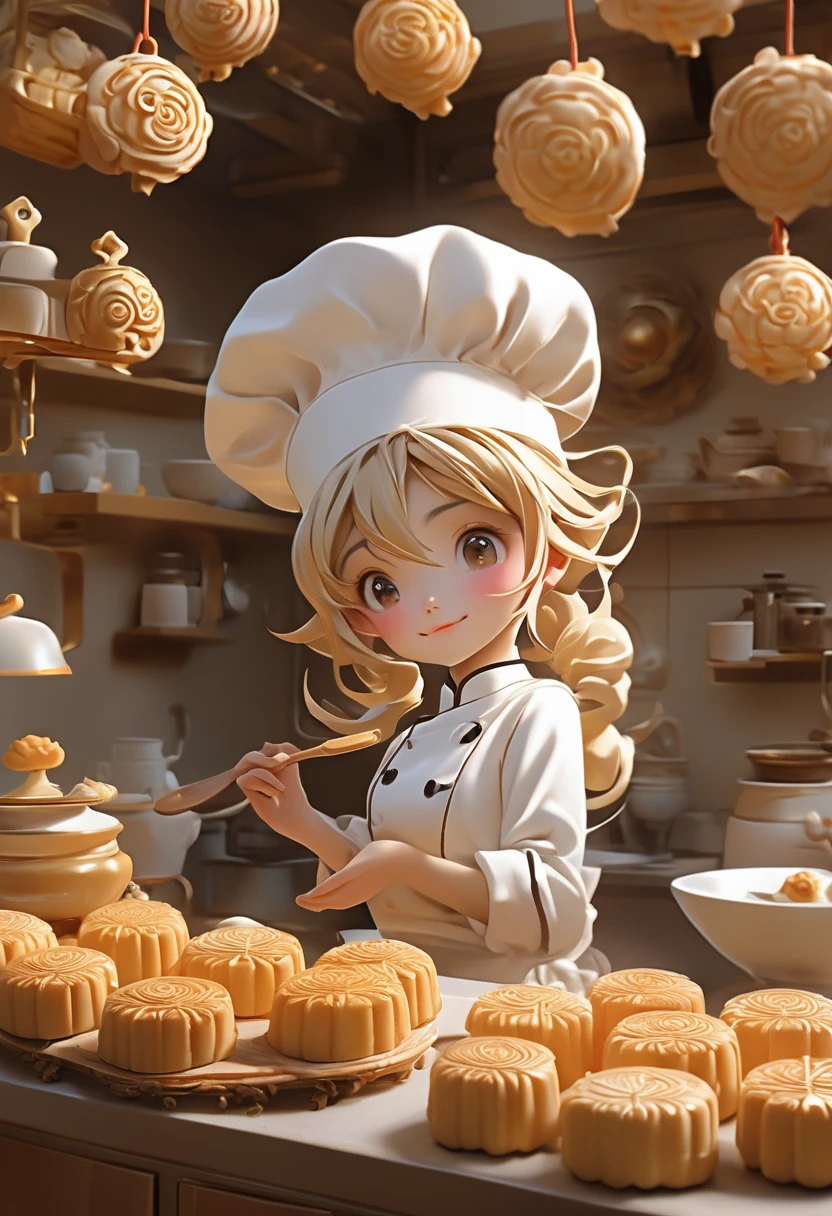 in front of a kitchen,with a variety of pastry tools (extremely delicate and beautiful), A close-up of a cute and charming anime character with bright beige hair, wearing a white chef's uniform、
wearing a luxurious chef's hat, about to try a cute and charming mooncake.( perfect anatomy )Complex patterns, soft shadows, highly detailed structures, digital art, high detail, high-quality animation style