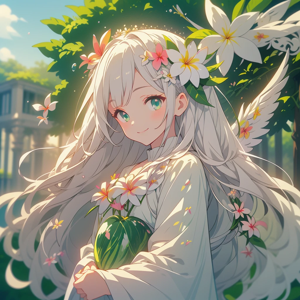 Masterpiece、Highest quality、The best composition、smile、Anime、Gray Hair、Green Eyes、かわいいAnime、smile、((White Plumeria))、flowerwings、Fractal Art、Gwaiz、garden、Flower Field、Soap bubble、Beautiful hair ornaments、Front facing the viewer