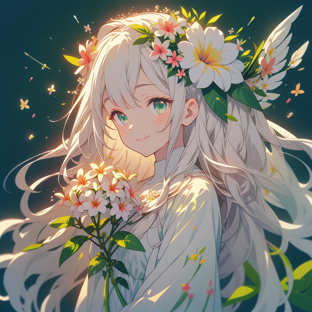 Masterpiece、Highest quality、The best composition、smile、Anime、Gray Hair、Green Eyes、かわいいAnime、smile、((White Plumeria))、flowerwings、Fractal Art、Gwaiz、garden、Flower Field、Soap bubble、Beautiful hair ornaments、Front facing the viewer