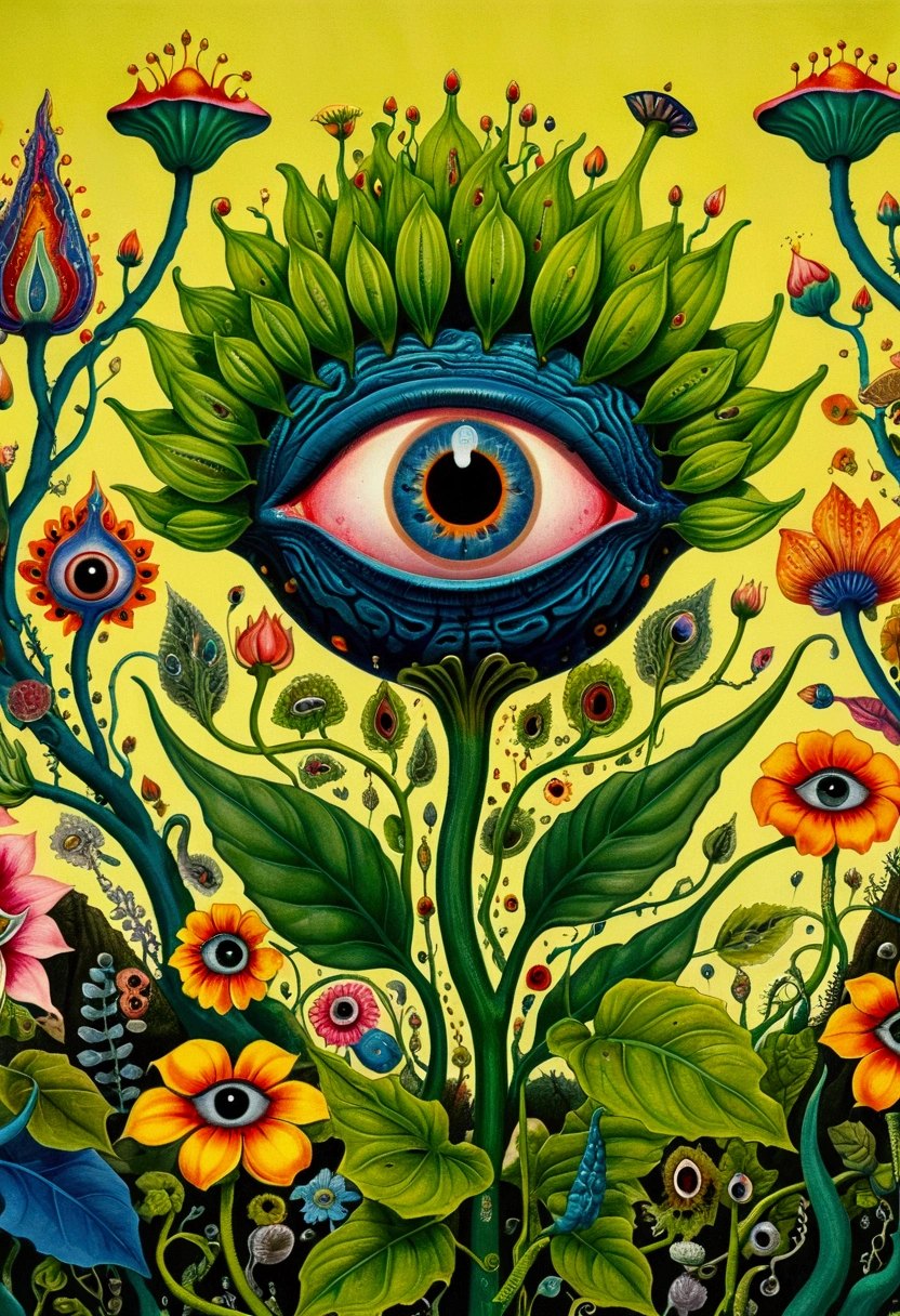 A painting，A flower with big eyes in the painting，Surrounded by plants, Psychedelic surrealist art, The holy grail of the eyes of the brain, Shaman horror LSD art, Psychedelic illustration, Pop surrealism, Surreal psychedelic design, Exotic plants and fauna, Exotic plants, Psychedelic Art, Highly detailed hyperrealistic art, strange plants, hallucinatory art, DMT art, Psychedelic Artwork