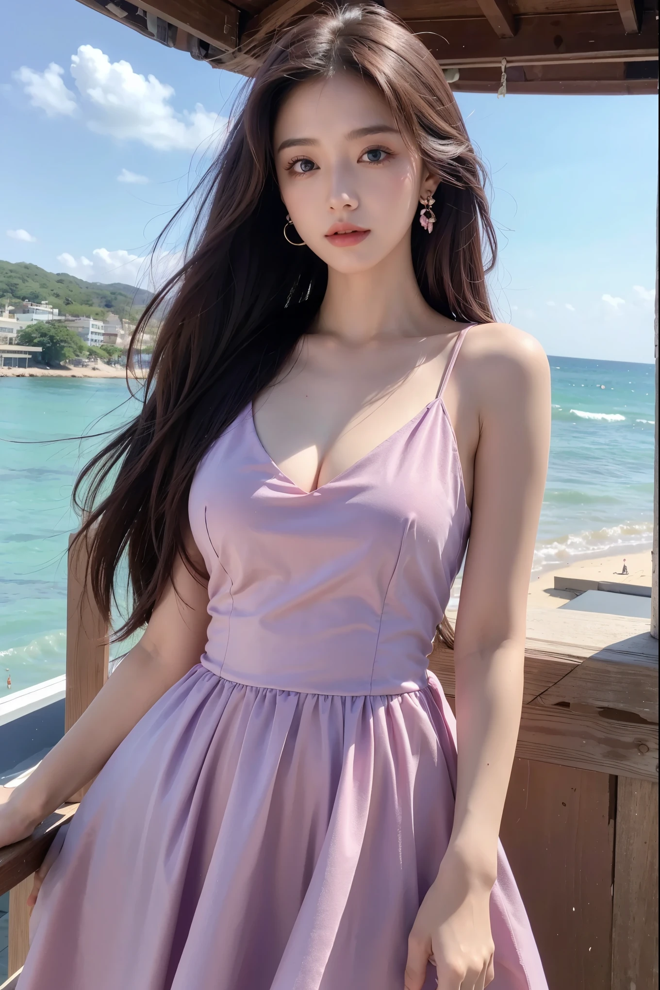 masterpiece, high resolution, best quality, Very detailed, pink eyes, beautiful woman, purple dress，beach，long hair