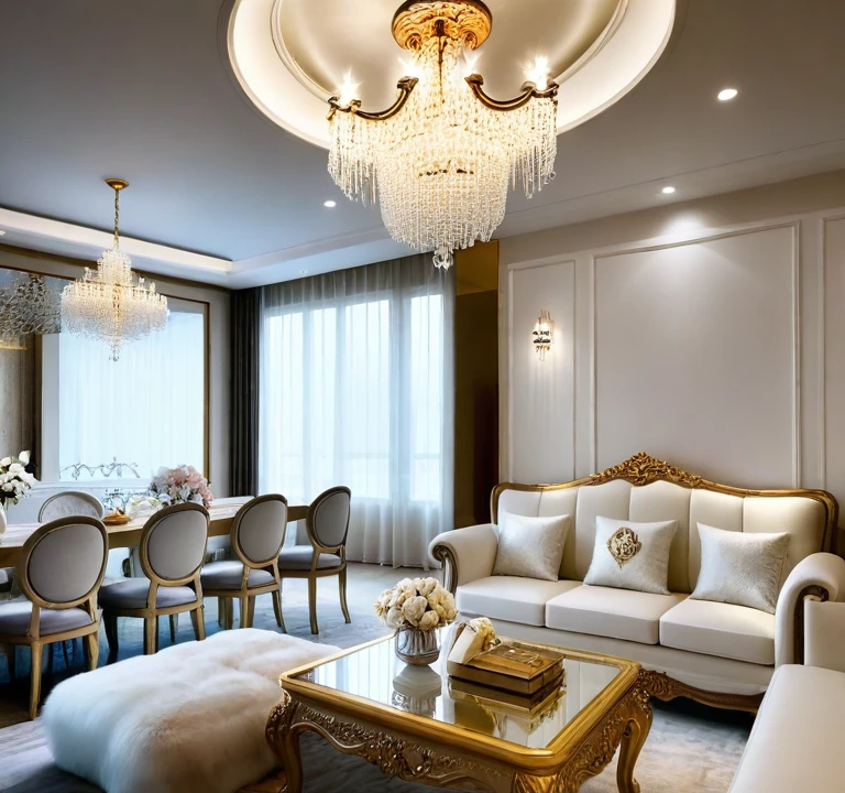 ，Masterpiece, Best quality，8K, Ultra-high resolution，When you step into the living room，Immediately surrounded by a rich atmosphere of luxury。Ornate crystal chandeliers hang high on the wall，Shine brightly。The sofa was covered with a soft white fluffy blanket，It is so comfortable，So much so that you can't help but indulge in it。In the corner of the living room is a delicate coffee table，Embellished with precious porcelain and champagne gold ornaments。Whenever it is late afternoon，The afterglow from the window spilled on the floor，Soft light and shadow are reflected，It was as if entering a dreamland。