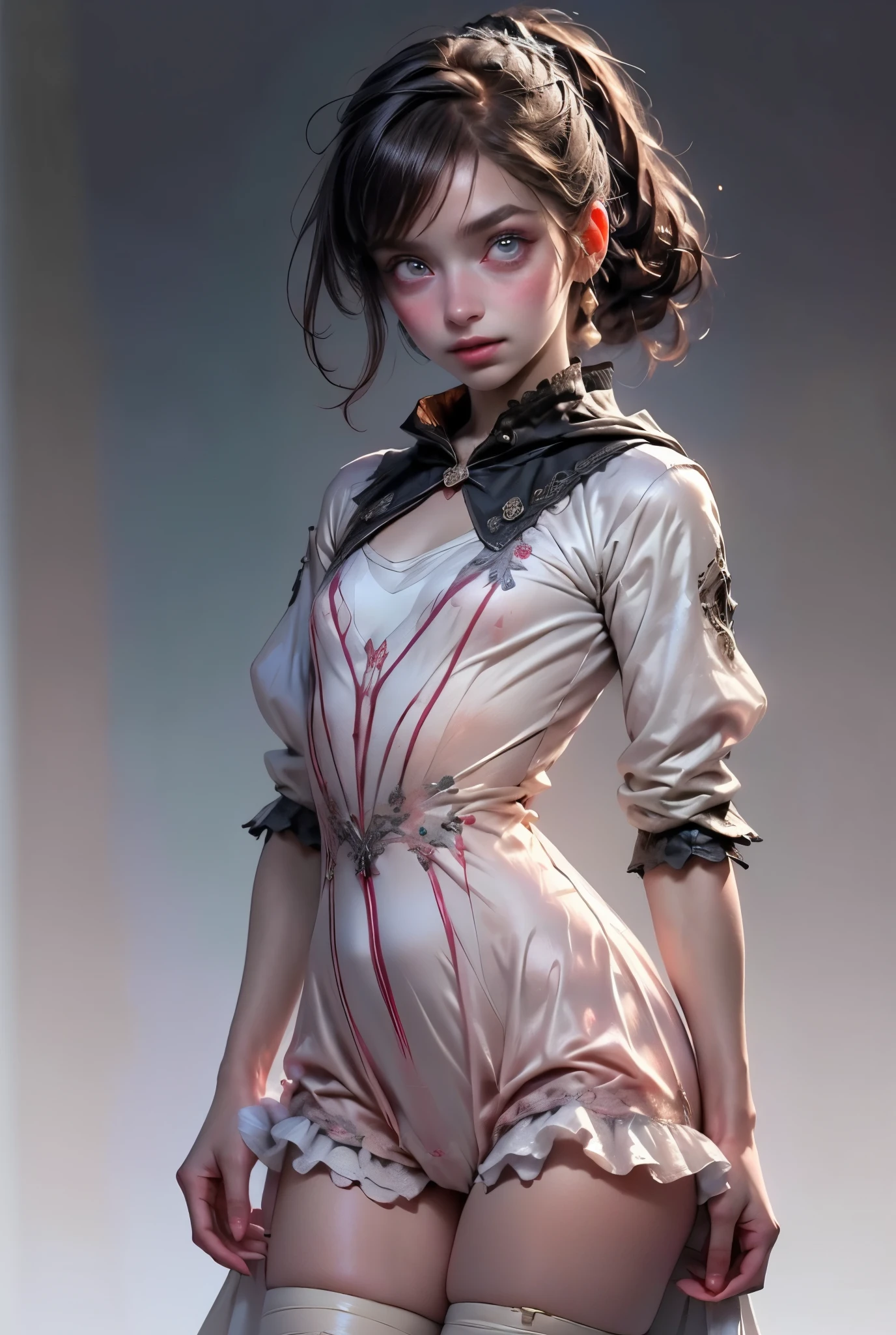 ((best quality)), ((masterpiece)), (detailed), perfect face (((masutepiece, of the highest quality, super detailed))), hand drawn style, hand painted style, watercolour, sketch, a knight, white background, plain background, Bloodborne inspired, tatty Bloodborne attire, occult aesthetic, occult, tatty red and white clothing detailed and intricate steampunk and detailed gothic ta (with a hood), long coat, Complex laced boots, Fluttering lace flared long knee length dress with frilly petticoats, long dress, knee length dress, pleated petticoats, loliress, petticoats gothic lolita aetic, beautiful small breasts, (((flat chest:1.1))), (((( Highly detailed face))), small thin nose, Small thin lips mouth, (((Very sharp focused eyes))), Very large slit precision pale grey eyes that shine like jewels. (resolved expression), (resolute expression), ((dark hair)), ((long ponytail, thick ponytail, heavy ponytail)), very long eyelashes, white background, Very dramatic and cinematic lighting, tatty damaged old red and white clothing, full body, whole body, body, cosmic horror, grim dark, (NSFW)