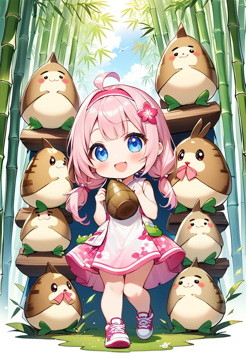Highest quality、High resolution、Detailed Background、Beautiful face in every detail、Anatomically correct、Detailed facial expressions、fine grain、((full body, from below:1.2, looking viewer:1.2)), break ((One Girl:1.2)、((Chibi Girl:1.2)))、Bright pretty hair color、Big beautiful blue eyes、Fuller lips、Pink Lips、Braided twintails、Ahoge、(Bamboo shoot picking:1.2、Finding bamboo shoots:1.2)、(Cute spring-colored sleeveless spring clothes、Spring-colored skirt、Cute sneakers、Cute Headband)、break ((Place your hands in front of your chest、Grasping bamboo shoots:1.2、A happy smile))、((The background is a bamboo forest、Calm weather、Some bamboo shoots are peeking out of the ground、Gentle Breeze))、(The frog is jumping:1.2)