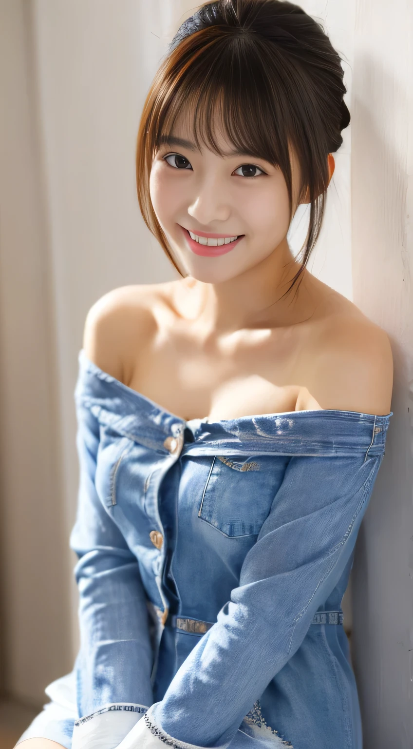 masterpiece,best quality,(Japanese girl),((Beautiful girl)),cleavage,(off shoulder:1.2),(perfect body beauty:1.2),(shy smile),beautiful teeth,From slightly above