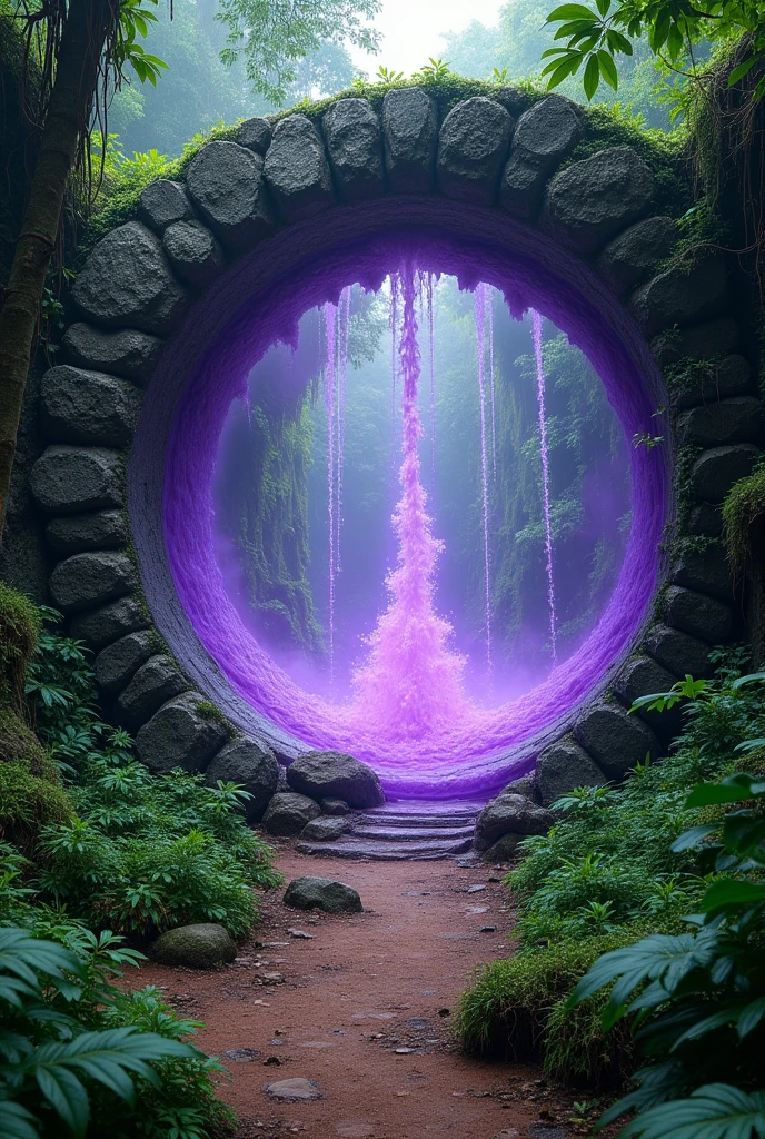 ((JUNGLE ENVIRONMENT)), ((Indian jungle ruins)), Circular portal with purple water as transport middle, round stone array border that surrounds purple liquid water, portal at vertical stance only, three-fourths angle view from viewer, purple liquid in vertical portal door only, no horizontal circular door, dirt path on ground leading up to the door, foliage along ground, stone circular door travels for infinity, long unending corridor