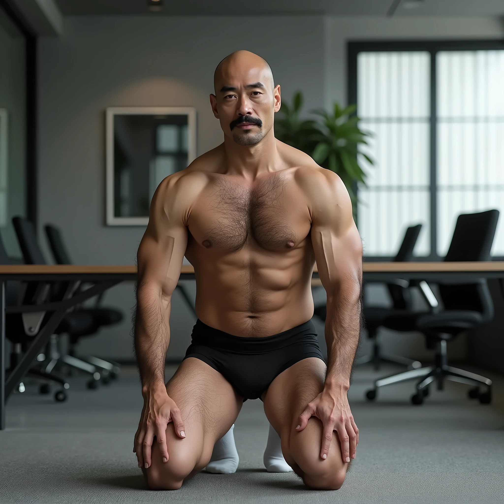 40 years old,Hidetoshi Nakata,(Kogoro Mori 1.3),Oriental face,whole body,Lean,muscle,office,Kneeling,black,foot,White socks,Baldhead ,transparent,Thick body hair,underwear,Topless,Densely hairy,Fortitude,HD,With a mustache