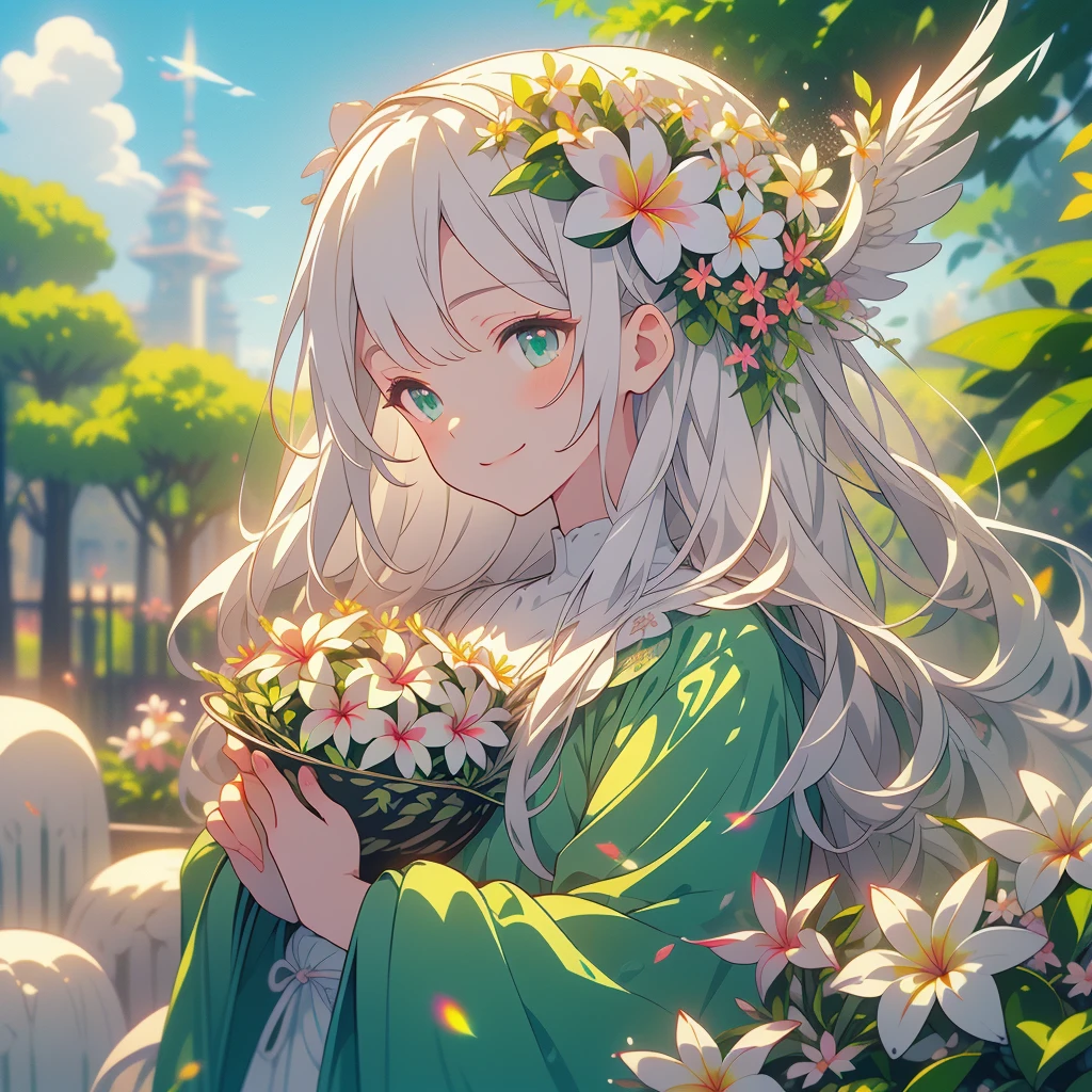 Masterpiece、Highest quality、The best composition、smile、Anime、Gray Hair、Green Eyes、かわいいAnime、smile、((White Plumeria))、flowerwings、Fractal Art、Gwaiz、garden、Flower Field、Soap bubble、Beautiful hair ornaments、Front facing the viewer