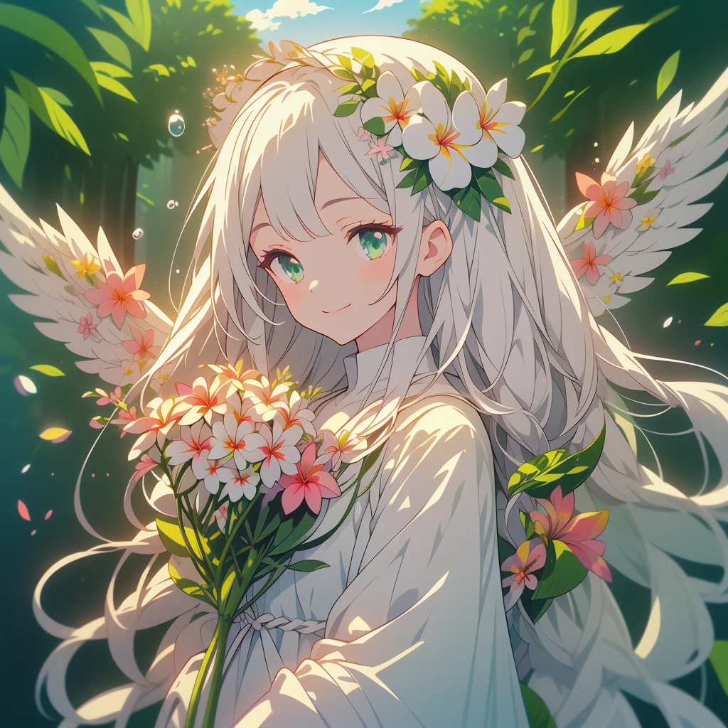 Masterpiece、Highest quality、The best composition、smile、Anime、Gray Hair、Green Eyes、かわいいAnime、smile、((White Plumeria))、flowerwings、Fractal Art、Gwaiz、garden、Flower Field、Soap bubble、Beautiful hair ornaments、Front facing the viewer