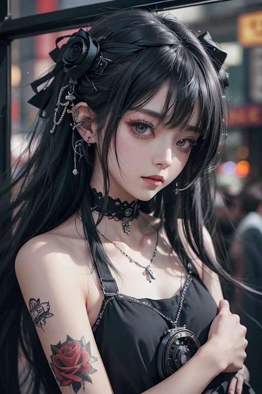 Highest quality、masterpiece:1.3、Gothic Punk、Gray Black Hair、hair ornaments、beautiful girl、creative、Punk Shirt、Neogoth、Goth Fashion:1.2、High resolution、masterpiece、Highest quality、頭w:1.3、((Hasselblad Photos))、Fine skin、Sharp focus、(Cinema Lighting)、Explore Tokyo;City of night, Forehead open, 19 years old、Hair back、Shoulder Bare、Small red rose tattoo on the décolletage、