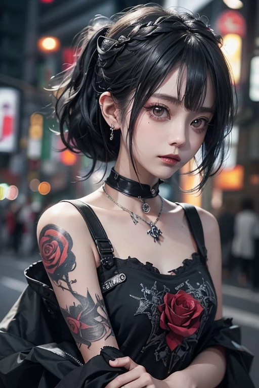 Highest quality、masterpiece:1.3、Gothic Punk、Gray Black Hair、hair ornaments、beautiful girl、creative、Punk Shirt、Neogoth、Goth Fashion:1.2、High resolution、masterpiece、Highest quality、頭w:1.3、((Hasselblad Photos))、Fine skin、Sharp focus、(Cinema Lighting)、Explore Tokyo;City of night, Forehead open, 19 years old、Hair back、Shoulder Bare、Small red rose tattoo on the décolletage、