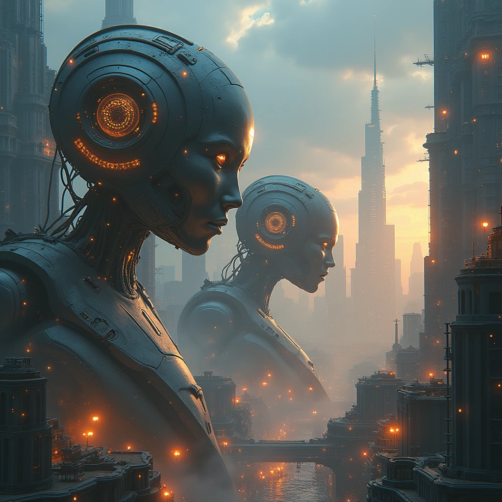 A masterpiece exists, a gigantic creation of a futuristic city adorned with towering robotic heads - intricately designed non-human faces lit up under the cinematic lights.。This stunning artwork boasts 16K UHD resolution.、It is the brainchild of art legends Peter Glick and Dan Mumford.、Beksinski and James Jean、Michael Whelan and Pixar、And it brings to mind the ingenious pairing of Justin Gerard and Greg Rutkowski.。Daniel Merriam、Andreas Rocha、The painting is meticulously executed in a style reminiscent of John Howe.、