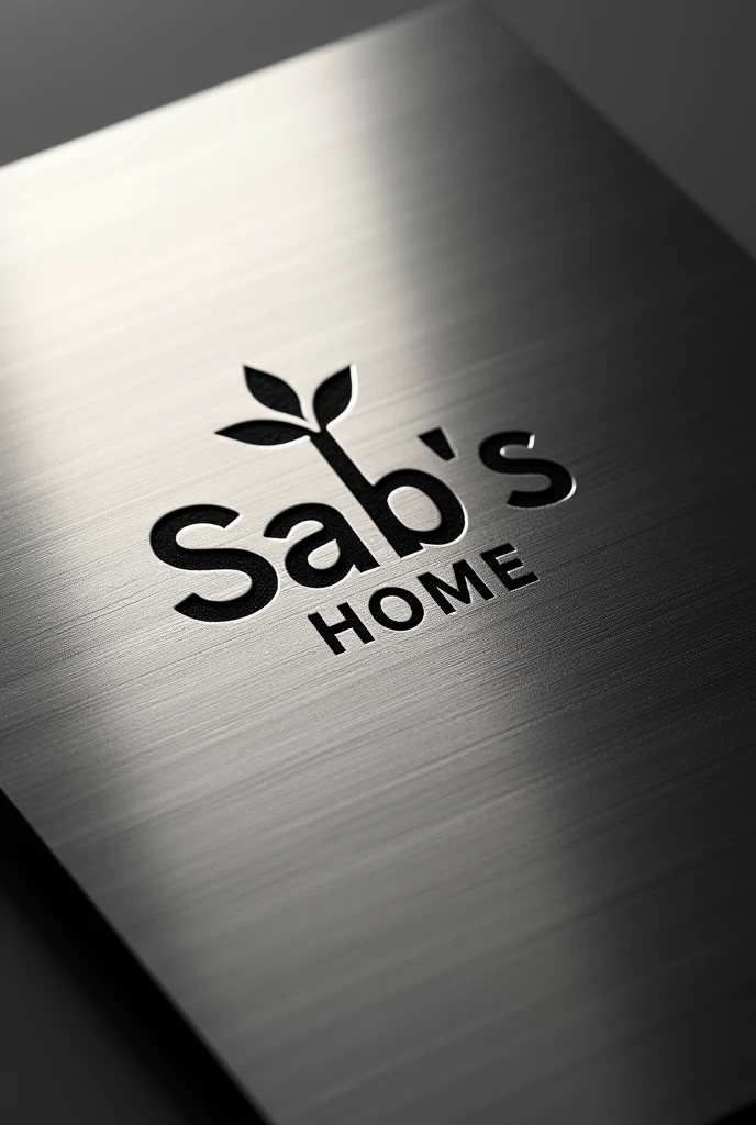 Sab's Home Logo Metal Engraved: Laser engraved on a metal plate, surface-centered, ideal premium product labels. Standing and facing forward, not inclined