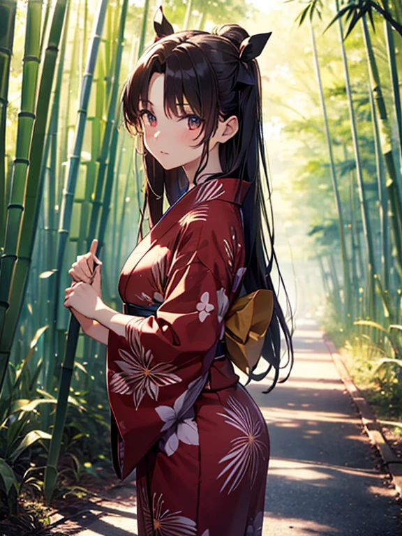 The background is a bamboo forest, yukata, night, cute, Beauty, Tohsaka Rin, (masterpiece), highest quality, 1girl, uhd, retina, masterpiece, ccurate, anatomically correct, textured skin, super detail, high details, high quality, best quality, highres, 4K