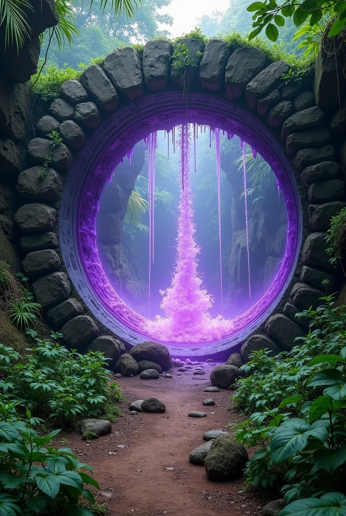 ((JUNGLE ENVIRONMENT)), ((Indian jungle ruins)), Circular portal with purple water as transport middle, round stone array border that surrounds purple liquid water, portal at vertical stance only, three-fourths angle view from viewer, purple liquid in vertical portal door only, no horizontal circular door, dirt path on ground leading up to the door, foliage along ground, stone circular door travels for infinity, long unending corridor