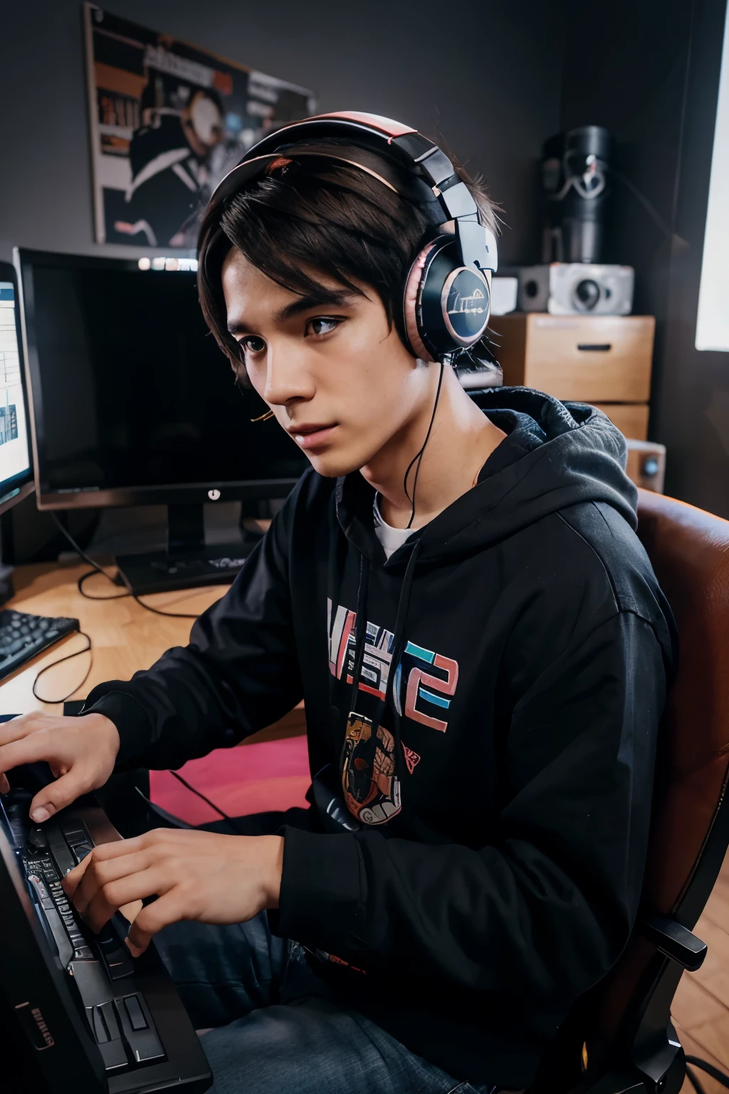 There's a streamer playing with a gaming computer and headphones, Arte estilo anime 2D, com moletom e capuz, Estilo bitcoin, Digital anime illustration.he is a boy