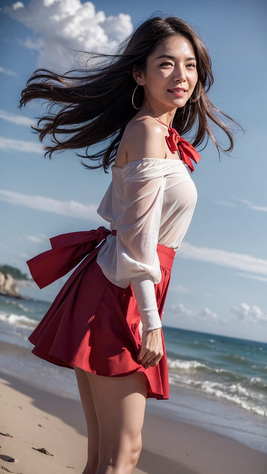 ((Highest quality)), ((8k)), ((masterpiece:1.3)), (Perfect look), (Photorealism:1.6), (JMA), (Who), (Walking woman), (people々Bustling beaches), 日本people女性, 60 years old, ((Realistic skin texture)), (Fine wrinkles appear all over the skin: 1.3), (Dullness: 1.1), (Unmoisturized skin: 1.2) , (Facial wrinkles: 0.9), (Wrinkles around the eyes: 1.2), double eyelid, Lower eyelid tear trough, (Teardrop: 0.9), The eyes are looking here, Serious gaze, (Dimples: 1.2), Red lips, Short bangs, Long Hair, Long hair with curled ends, (Hair over the ears), Laugh with the corners of your mouth turned up, Soft fabric off-the-shoulder bowtie blouse, Wide sleeves, Cuffs that fit your wrist, flare skirt, barefoot, Hair blowing in the wind, Small breasts, (whole body: 1.4), (Low - Angle: 1.4),