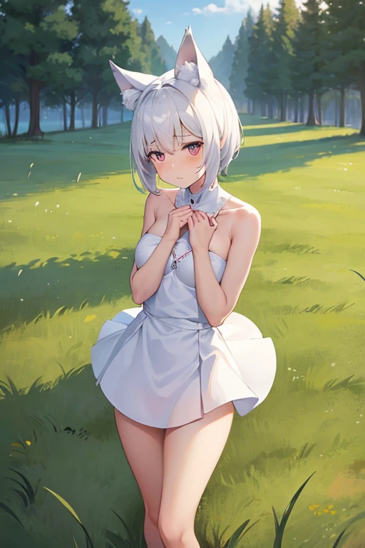 One Girl cute Petite breasts are slightly larger The legs are very thin Wolf ears White shorthair warrior (((The background is inside the grass.))) Place your hands behind your head. Embarrassed face