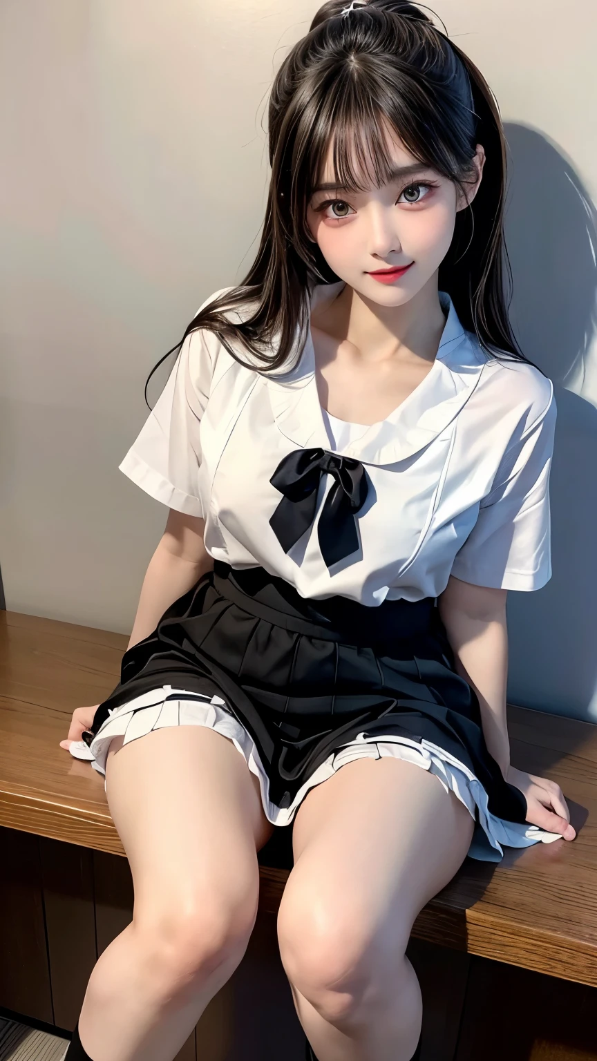 Highest quality,Realistic,masterpiece,detailed,High resolution,Cute , (reality: 1.4),highest quality, masterpiece, high detail, 16K quality, beautiful, 1 beautiful girl,japanese,super beautiful face,,japanese idol face,cute face,super detailed face,detailed hand,beautiful skin,oily skin,big eyes,profeccional lighting,pony tail,black hair,brown beautiful eyes, sitting whith knee up,arms behind back,big smile,legs spread,spread pussy,(skirt lift),big breasts,(sailor suit),(checked skirt),((spread pussy)),(((detailed pussy))),black high socks,she is looking at the camera,classroom,nsfw,from below,
