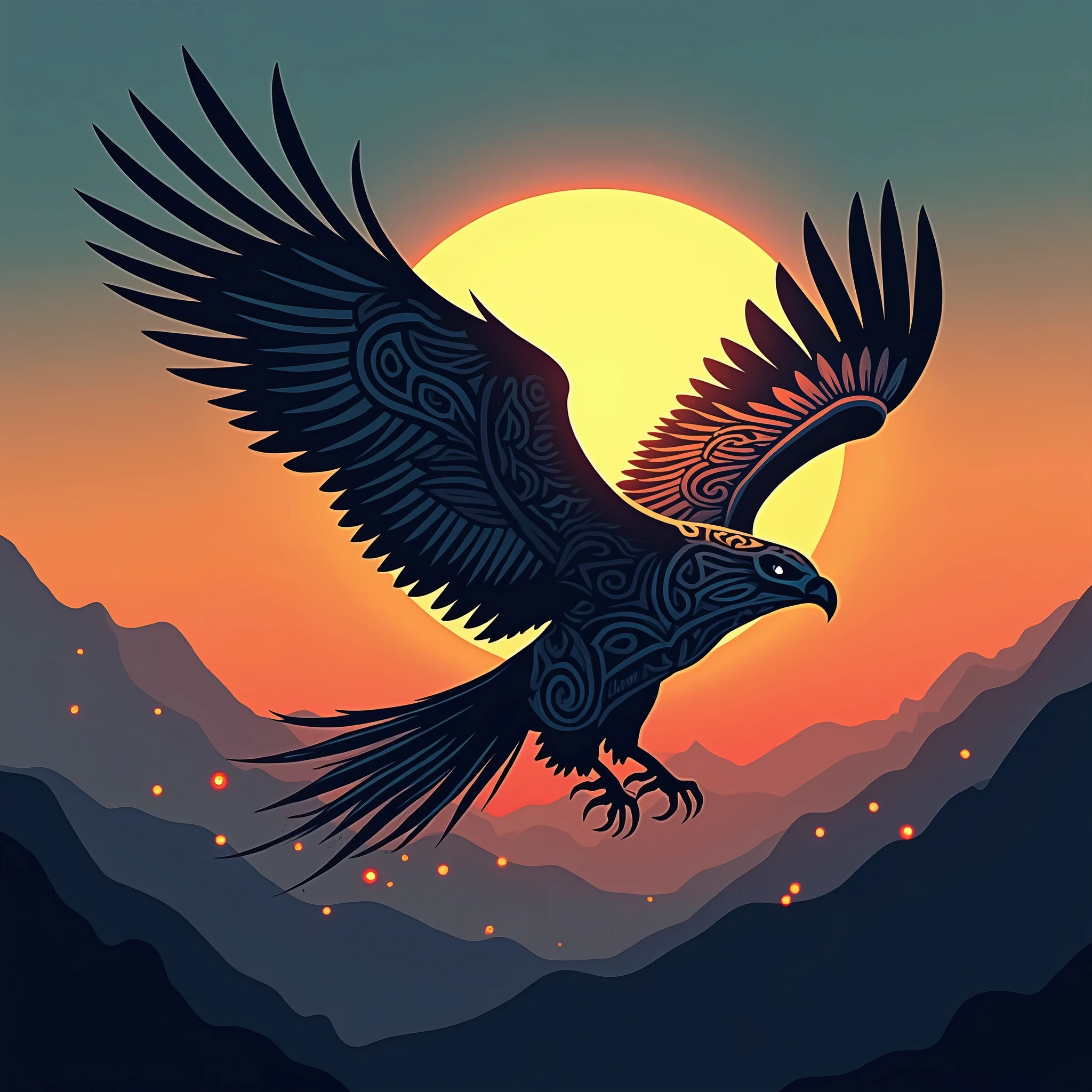 A design featuring the silhouette of an eagle in flight, with the interior filled with tribal patterns and a gradient color scheme.