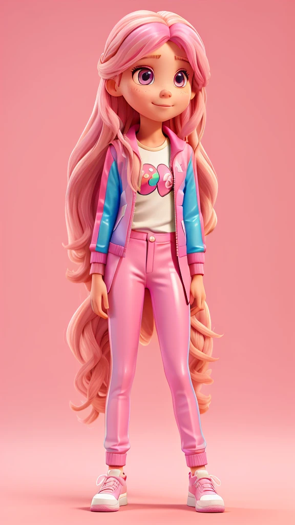 Young person with long, colored hair, realisitic , pink pants , holographic jacket with shine.
pink tennis.
Neutral color background.