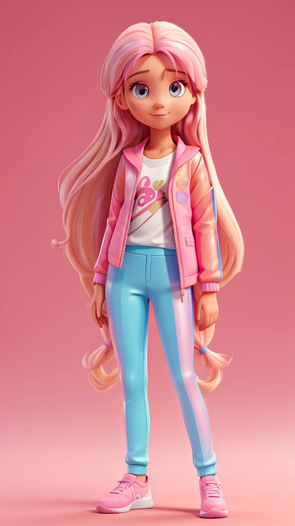 Young person with long, colored hair, realisitic , pink pants , holographic jacket with shine.
pink tennis.
Neutral color background.
