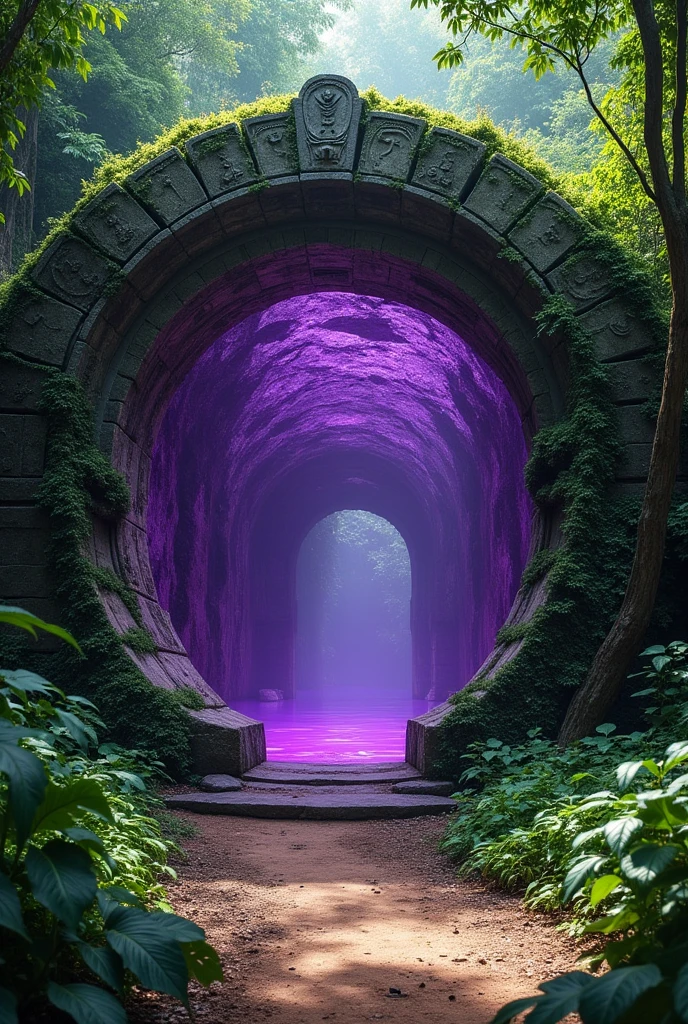((JUNGLE ENVIRONMENT)), ((Indian jungle ruins)), Circular portal with purple water as transport middle, round stone array border that surrounds purple liquid water, portal at vertical stance only, three-fourths angle view from viewer, purple liquid in vertical portal door only, no horizontal circular door, dirt path on ground leading up to the door, foliage along ground, stone circular door travels for infinity, long unending corridor, infinite unending water, purple liquid vertical pool