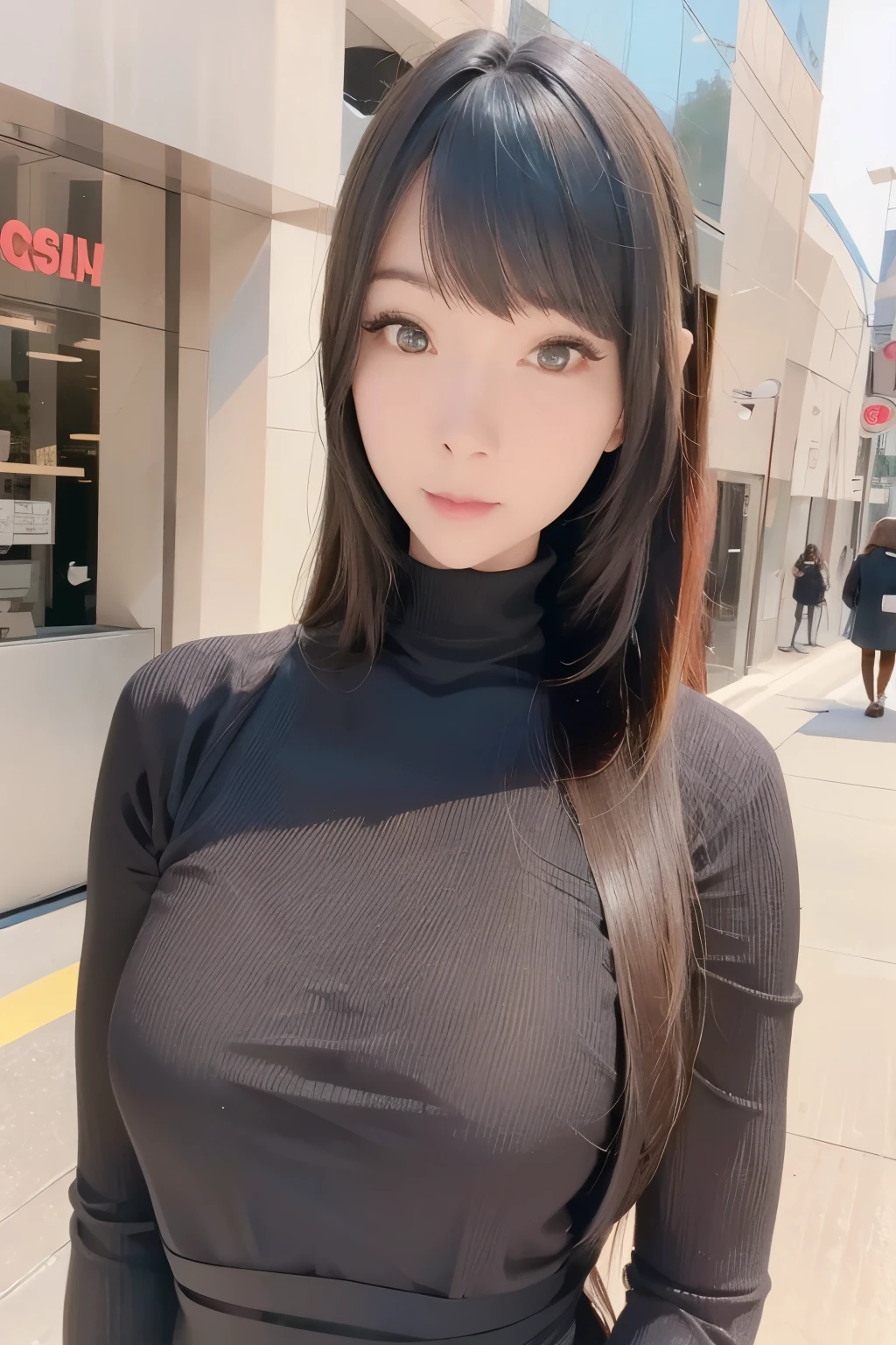 a photorealistic portrait of a beautiful young woman with glowing skin, standing alone outdoors in an autumn setting, wearing a black turtleneck sweater dress with a messy hairstyle and yellow eyes, looking directly at the viewer, set in a city shopping district with pedestrians, dynamic angle, extremely detailed, 8K, RTX, ambient occlusion, rim lighting, vibrant
