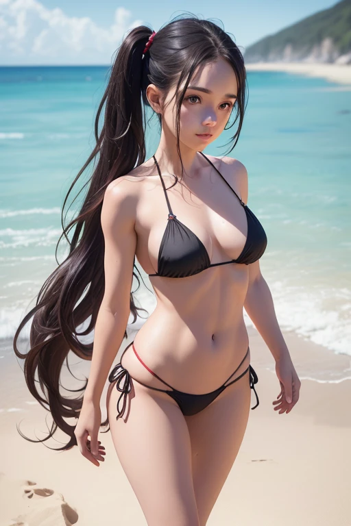 1 girl, beautiful young girl, long black hair, double pigtails, sexy red bikini, barefoot on the sand, standing on the beach, looking at the viewer, sweet expression, crowded beach, (best quality,4k,8k,highres,masterpiece:1.2),ultra-detailed,(realistic,photorealistic,photo-realistic:1.37),perfect anatomy,precise,hyper-realistic,intricate details,vivid colors,cinematic lighting,volumetric lighting,depth of field,photorealistic rendering
