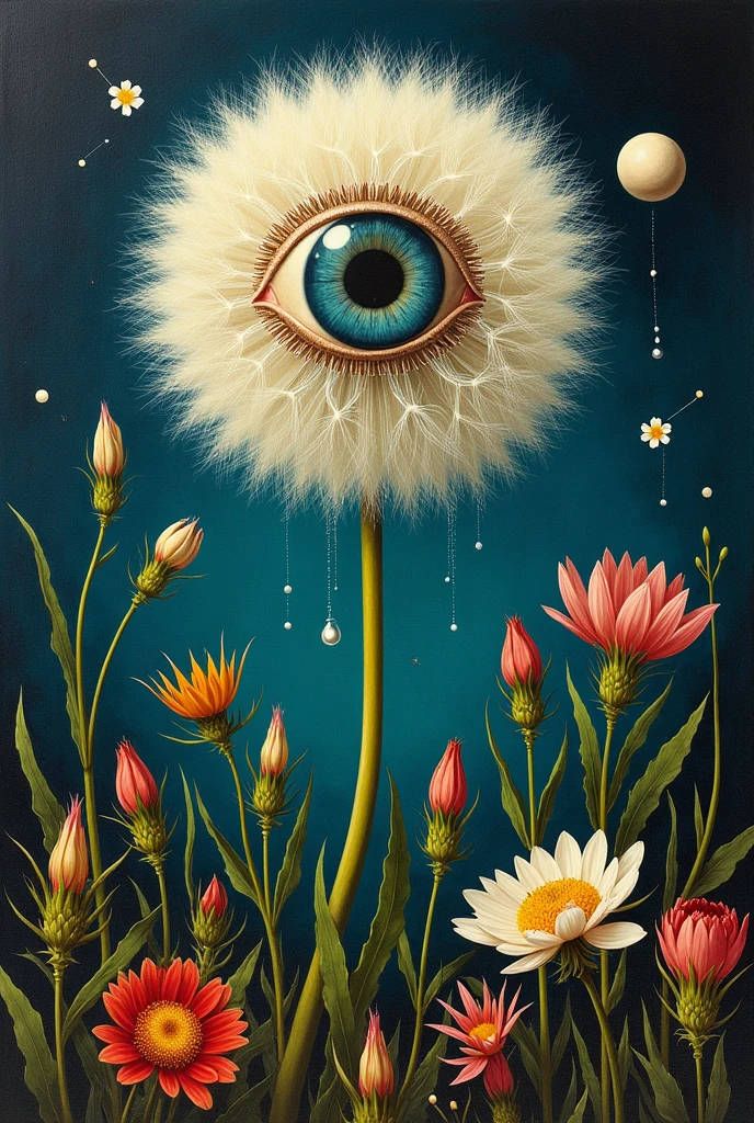 A painting,A dandelion with a big eye in the painting,Surrounded by plants, Falling pearl tears,Psychedelic surrealist art, The holy grail of the eyes of the brain, Shaman horror LSD art, Psychedelic illustration, Pop surrealism, Surreal psychedelic design, Exotic plants and fauna, Exotic plants, Psychedelic Art, Highly detailed hyperrealistic art, strange plants, hallucinatory art, DMT art, Psychedelic Artwork