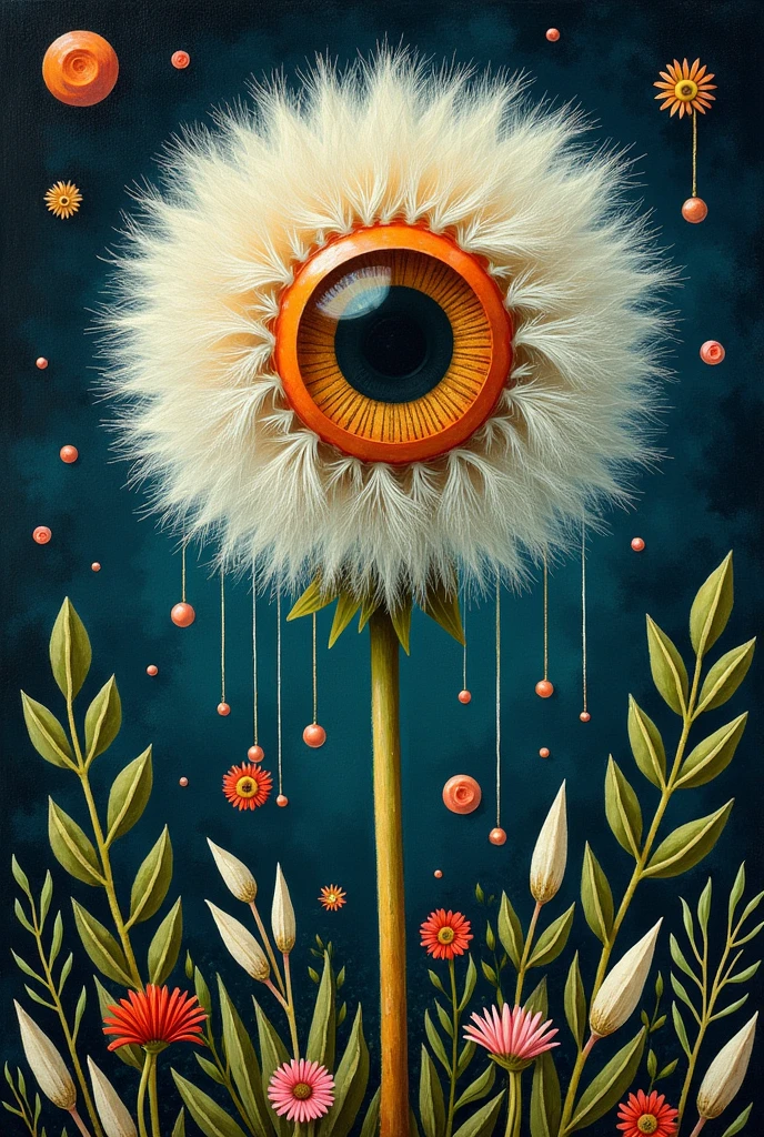 A painting，A dandelion with a big eye in the painting，Surrounded by plants, Falling pearl tears，Psychedelic surrealist art, The holy grail of the eyes of the brain, Shaman horror LSD art, Psychedelic illustration, Pop surrealism, Surreal psychedelic design, Exotic plants and fauna, Exotic plants, Psychedelic Art, Highly detailed hyperrealistic art, strange plants, hallucinatory art, DMT art, Psychedelic Artwork