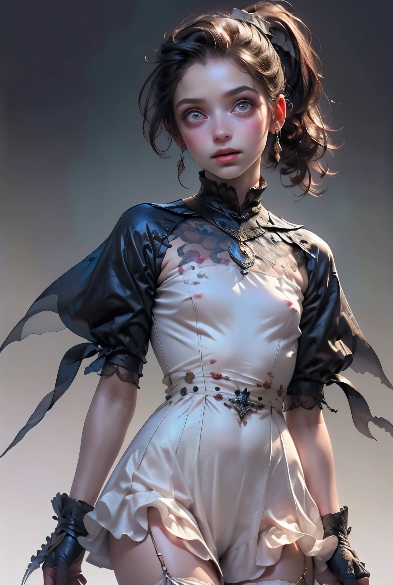 ((best quality)), ((masterpiece)), (detailed), perfect face (((masutepiece, of the highest quality, super detailed))), hand drawn style, hand painted style, watercolour, sketch, a knight, white background, plain background, Bloodborne inspired, tatty Bloodborne attire, occult aesthetic, occult, tatty red and white clothing detailed and intricate steampunk and detailed gothic ta (with a hood), long coat, Complex laced boots, Fluttering lace flared long knee length dress with frilly petticoats, long dress, knee length dress, pleated petticoats, loliress, petticoats gothic lolita aetic, beautiful small breasts, (((flat chest:1.1))), (((( Highly detailed face))), small thin nose, Small thin lips mouth, (((Very sharp focused eyes))), Very large slit precision pale grey eyes that shine like jewels. (resolved expression), (resolute expression), ((dark hair)), ((long ponytail, thick ponytail, heavy ponytail)), very long eyelashes, white background, Very dramatic and cinematic lighting, tatty damaged old red and white clothing, full body, whole body, body, cosmic horror, grim dark, (NSFW)