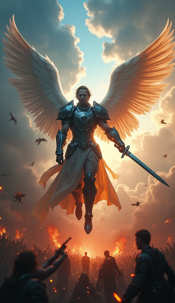 realistic, fantasy, full body shot, low angle shot, archangel descending from heaven, in modern glowing armor, holding a long silver two-handed sword in one hand and gun in the other, aiming from gun to viewer andhe cuts down enemies demons with his sword, huge and majestic Angels wings,  majestic and menacing, arousing fear among the enemy, dark but on light colors, bloody war between Angels and demons, dark stormy clouds and sky