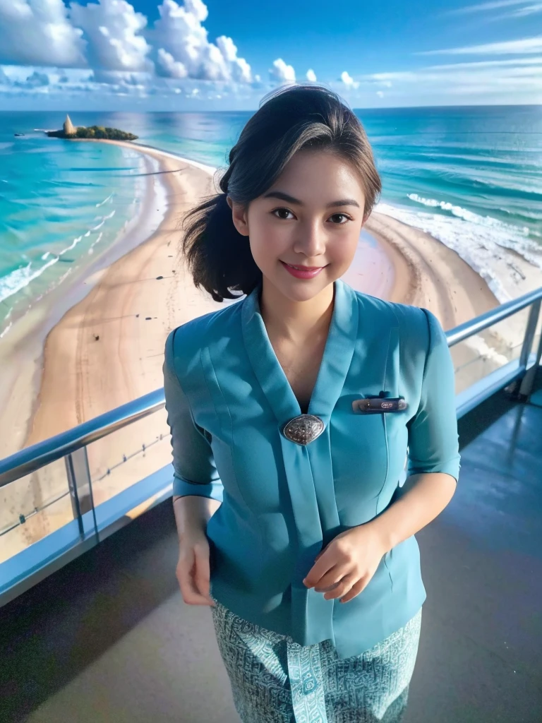 1girl, solo, standing, at the beach,  beautifully ocean scenery, cute little smirk, detailed eyes, thick medium breasts, smooth realistic skin, wearing flight attendant uniform, looking at the audience, (Overhead shot:1.3), (zoom out:1.4), (8k, RAW photo, best quality, masterpiece: 1.2), (realistic, realistic: 1.37), ultra-high resolution