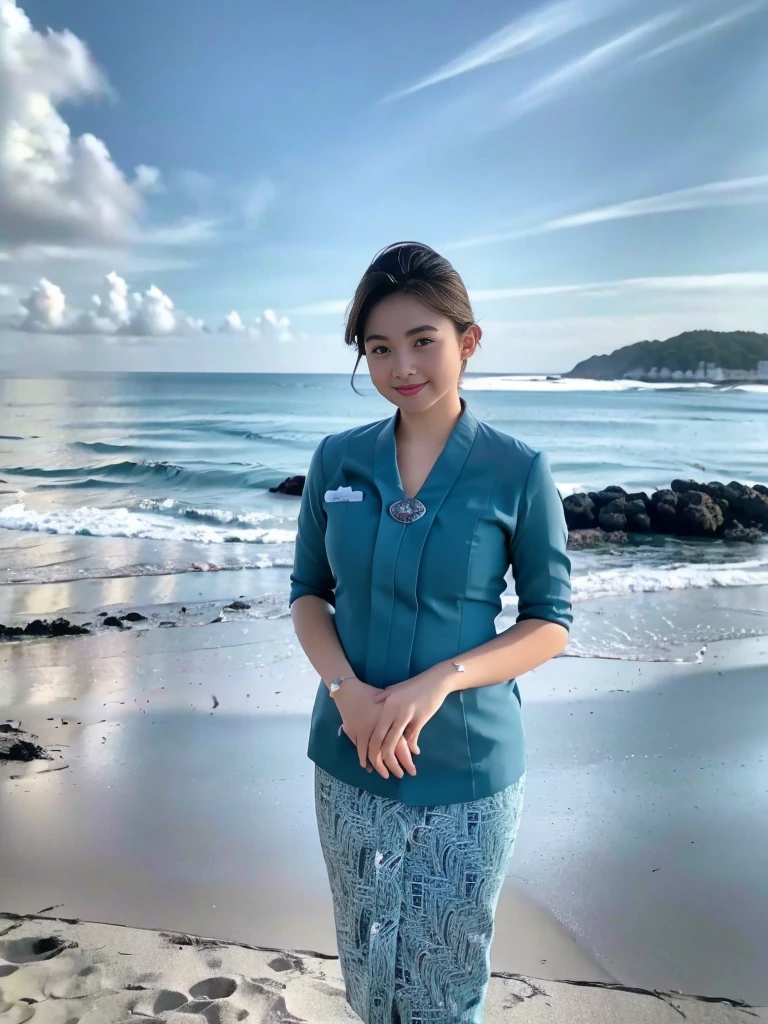 1girl, solo, standing, at the beach,  beautifully ocean scenery, cute little smirk, detailed eyes, thick medium breasts, smooth realistic skin, wearing flight attendant uniform, looking at the audience, (Overhead shot:1.3), (zoom out:1.4), (8k, RAW photo, best quality, masterpiece: 1.2), (realistic, realistic: 1.37), ultra-high resolution