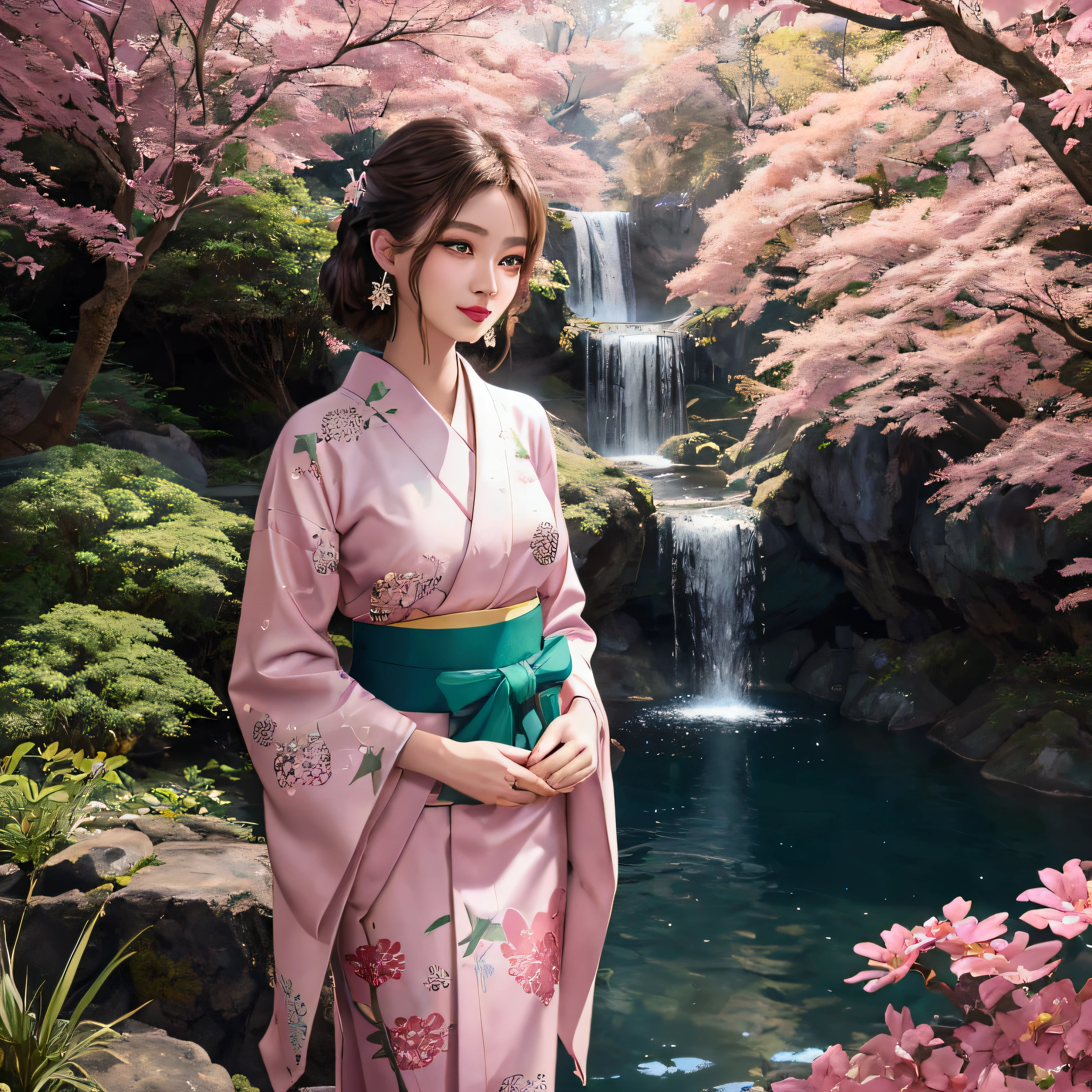 8k,beautiful,best quality,8k,beautiful,best quality, finely detailed,high quality,insanely detailed,masterpiece,ultra detailed,ultra highres,ultra quality,Volcano Half-smile,Large eyes,Green eyes,Small nose,Natural makeup,Pink lipstick,eyeshadow,Flipped hair,Brown hair,Tranquil forest with a cascading waterfall,Japan,nsfw,revealing Yukata,Cross Earrings,from above,point of view shot,half body shot,Slender,Cowboy Shot,Evening Sun,Sparkling Lights,Ethereal Mist,