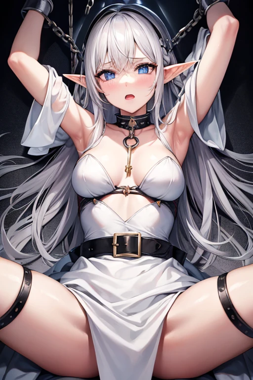 Elf, Silver Hair, In the torture chamber, White Dress, Open your mouth,Raise your arms above your head,  Crying face, Small breasts, A large iron collar with spikes and handcuffs, Suspended from the ceiling by the neck and hands, Spread your legs