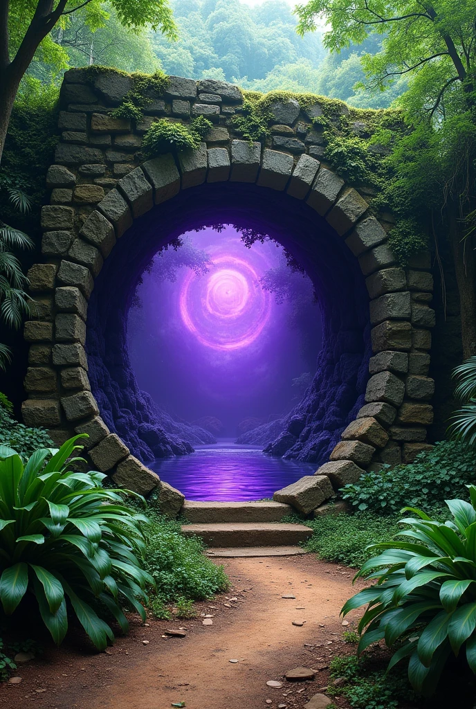 ((JUNGLE ENVIRONMENT)), ((Indian jungle ruins)), Circular portal with purple water as transport middle, round stone array border that surrounds purple liquid water, portal at vertical stance only, three-fourths angle view from viewer, purple liquid in vertical portal door only, no horizontal circular door, dirt path on ground leading up to the door, foliage along ground, stone circular door travels for infinity, long unending corridor, infinite unending water, purple liquid vertical pool,