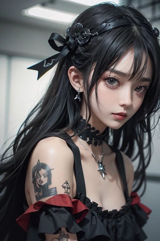 Highest quality、8k、masterpiece:1.3、Gothic Punk、red inside、Gray Black Hair、hair ornaments、beautiful girl、creative、Punk Style、Neogoth、Goth Fashion:0.8、High resolution、masterpiece、Highest quality、頭w:1.3、((Hasselblad Photos))、Fine skin、Sharp focus、(Cinema Lighting)、shirt, Shoulder out, Modest chest