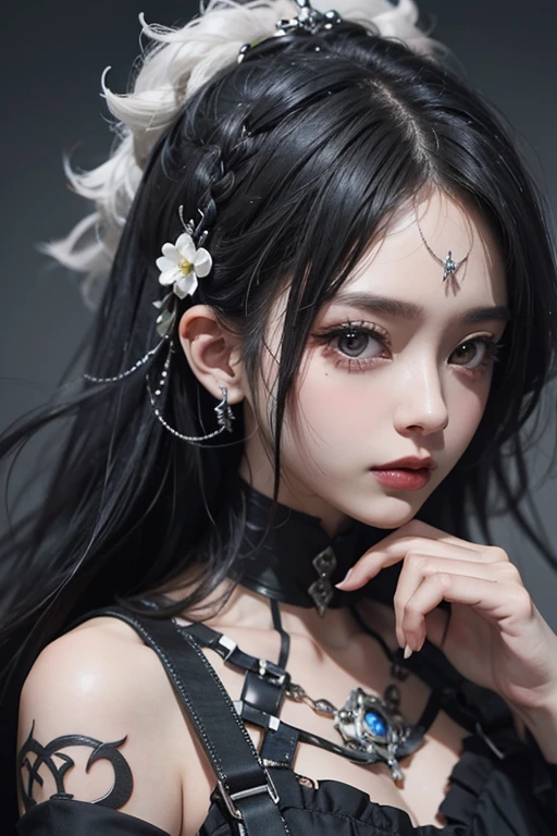Highest quality、8k、masterpiece:1.3、Gothic Punk、red inside、Gray Black Hair、hair ornaments、beautiful girl、creative、Punk Style、Neogoth、Goth Fashion:0.8、High resolution、masterpiece、Highest quality、頭w:1.3、((Hasselblad Photos))、Fine skin、Sharp focus、(Cinema Lighting)、shirt, Shoulder out, Modest chest