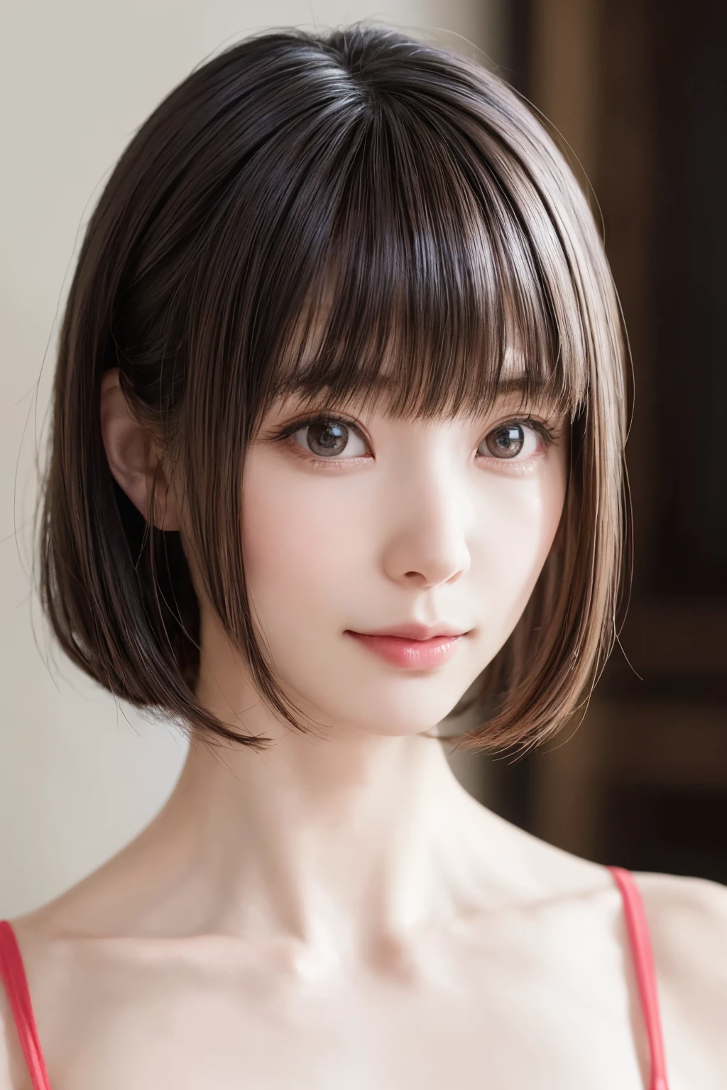 ((masterpiece, Highest quality, High resolution、Realisticですべてが美しく詳細に描かれている)), 1 person, (Realistic: 1.4), alone, White Background, snow-White Background, Mouth closed, smile, smile, Beautiful black hair, short hair, Big eyes, Transparent double eyelids, eyelash, Listen carefully, Long neck, 美しくLong neck, Absolute area, ((Face close-up)), (Draw the whole head, shoulder), 19 years old, Attractive proportions, Glowing Skin, Beautiful clavicle, Golden ratio face, Perfect Face, Teardrop-shaped mole, chestのほくろ, bangs, clean bangs, beautiful bangs, Lip gloss, Thin lips, Fair skin, naked, Big Breasts, {Huge|big|Hugeな|Mega} chest:2, chestの谷間:2,chestの谷間を見せる、Small face, Small face, All the heads are painted, shoulder all drawn, Point slightly above the camera