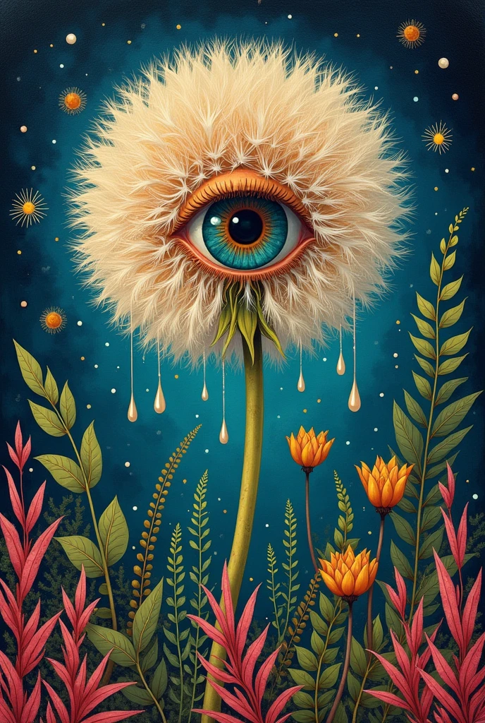 Flat illustration，A painting，A dandelion with a big eye in the painting，Surrounded by plants, Falling pearl tears，Psychedelic surrealist art, The holy grail of the eyes of the brain, Shaman horror LSD art, Psychedelic illustration, Pop surrealism, Surreal psychedelic design, Exotic plants and fauna, Exotic plants, Psychedelic Art, Highly detailed hyperrealistic art, strange plants, hallucinatory art, DMT art, Psychedelic Artwork