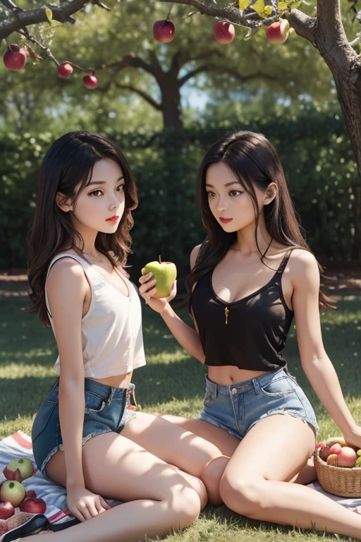 young girls having a picnic under an apple tree with a snake hanging .yellow eyes red lips .v-neck shorts .muscle tank tops